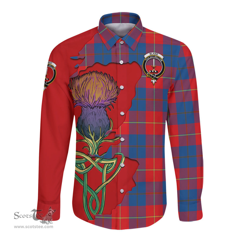 Scottish Blane Clan Tartan Crest with Thistle and Scotland Map Tartan Long Sleeve Shirt Scottish Plaid Tartan Plaid - ScotsTee - scotstee.com