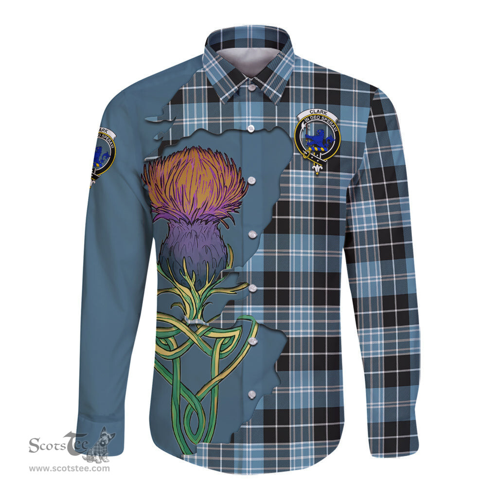 Scottish Clark (Lion) Ancient Clan Tartan Crest with Thistle and Scotland Map Tartan Long Sleeve Shirt Scottish Plaid Tartan Plaid - ScotsTee - scotstee.com