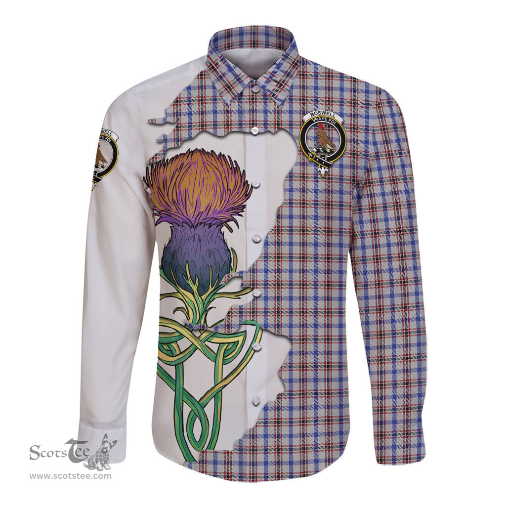 Scottish Boswell Clan Tartan Crest with Thistle and Scotland Map Tartan Long Sleeve Shirt Scottish Plaid Tartan Plaid - ScotsTee - scotstee.com