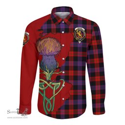 Scottish Broun Modern Clan Tartan Crest with Thistle and Scotland Map Tartan Long Sleeve Shirt Scottish Plaid Tartan Plaid - ScotsTee - scotstee.com