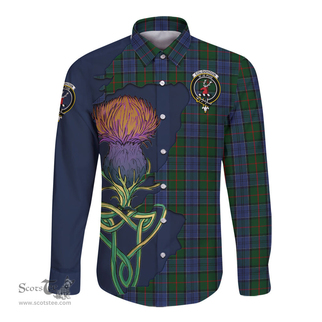 Scottish Colquhoun Clan Tartan Crest with Thistle and Scotland Map Tartan Long Sleeve Shirt Scottish Plaid Tartan Plaid - ScotsTee - scotstee.com