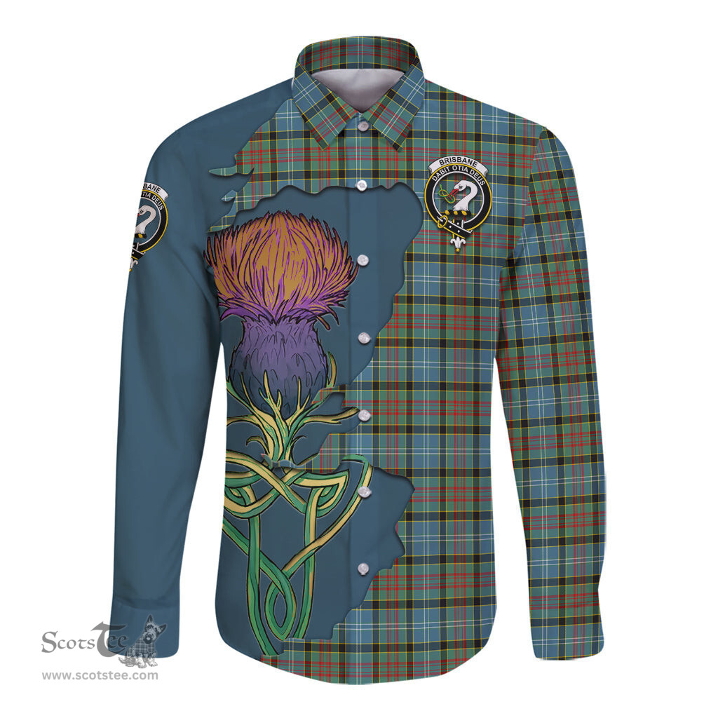 Scottish Brisbane modern Clan Tartan Crest with Thistle and Scotland Map Tartan Long Sleeve Shirt Scottish Plaid Tartan Plaid - ScotsTee - scotstee.com