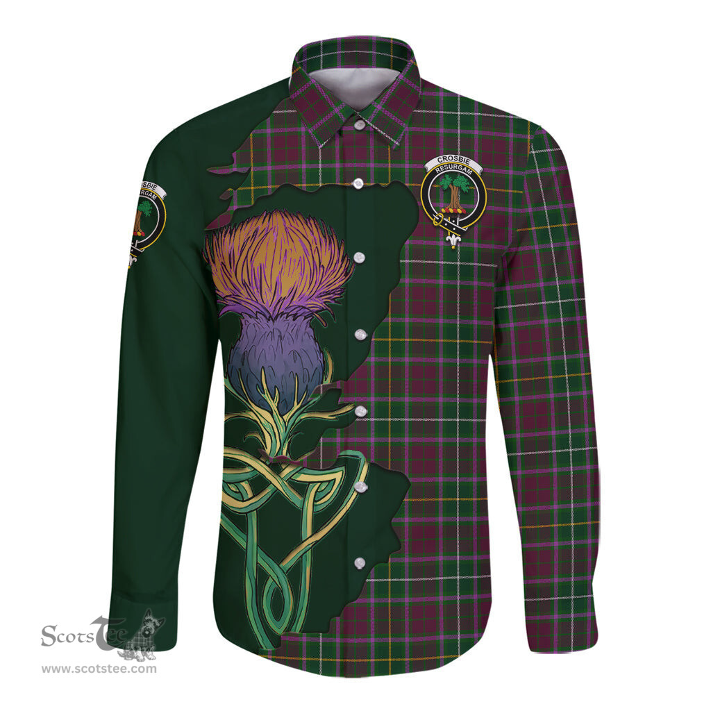 Scottish Crosbie Clan Tartan Crest with Thistle and Scotland Map Tartan Long Sleeve Shirt Scottish Plaid Tartan Plaid - ScotsTee - scotstee.com