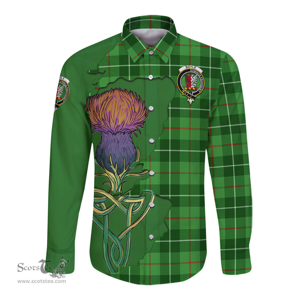 Scottish Boyle Clan Tartan Crest with Thistle and Scotland Map Tartan Long Sleeve Shirt Scottish Plaid Tartan Plaid - ScotsTee - scotstee.com