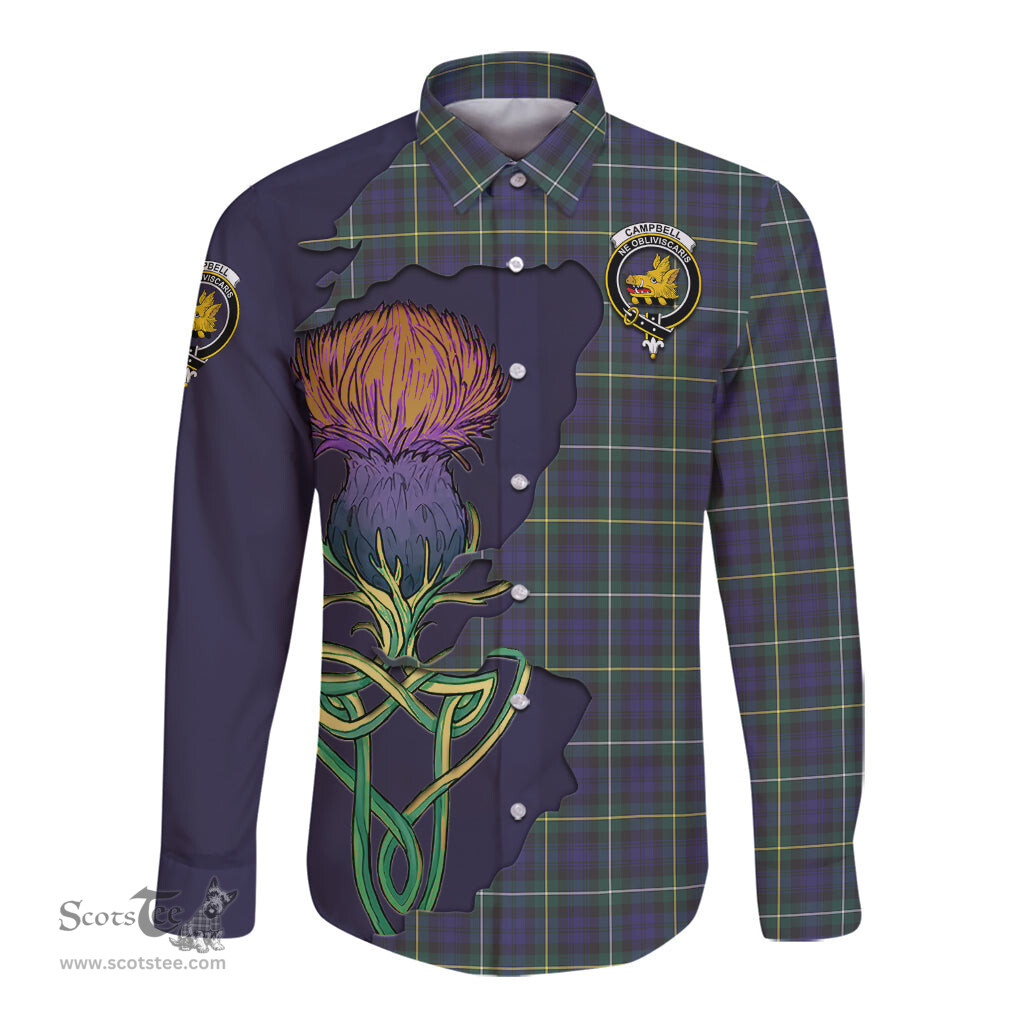 Scottish Campbell Argyll Modern Clan Tartan Crest with Thistle and Scotland Map Tartan Long Sleeve Shirt Scottish Plaid Tartan Plaid - ScotsTee - scotstee.com