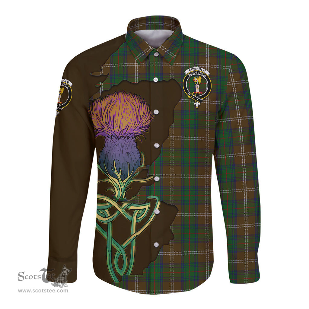 Scottish Chisholm Hunting Clan Tartan Crest with Thistle and Scotland Map Tartan Long Sleeve Shirt Scottish Plaid Tartan Plaid - ScotsTee - scotstee.com