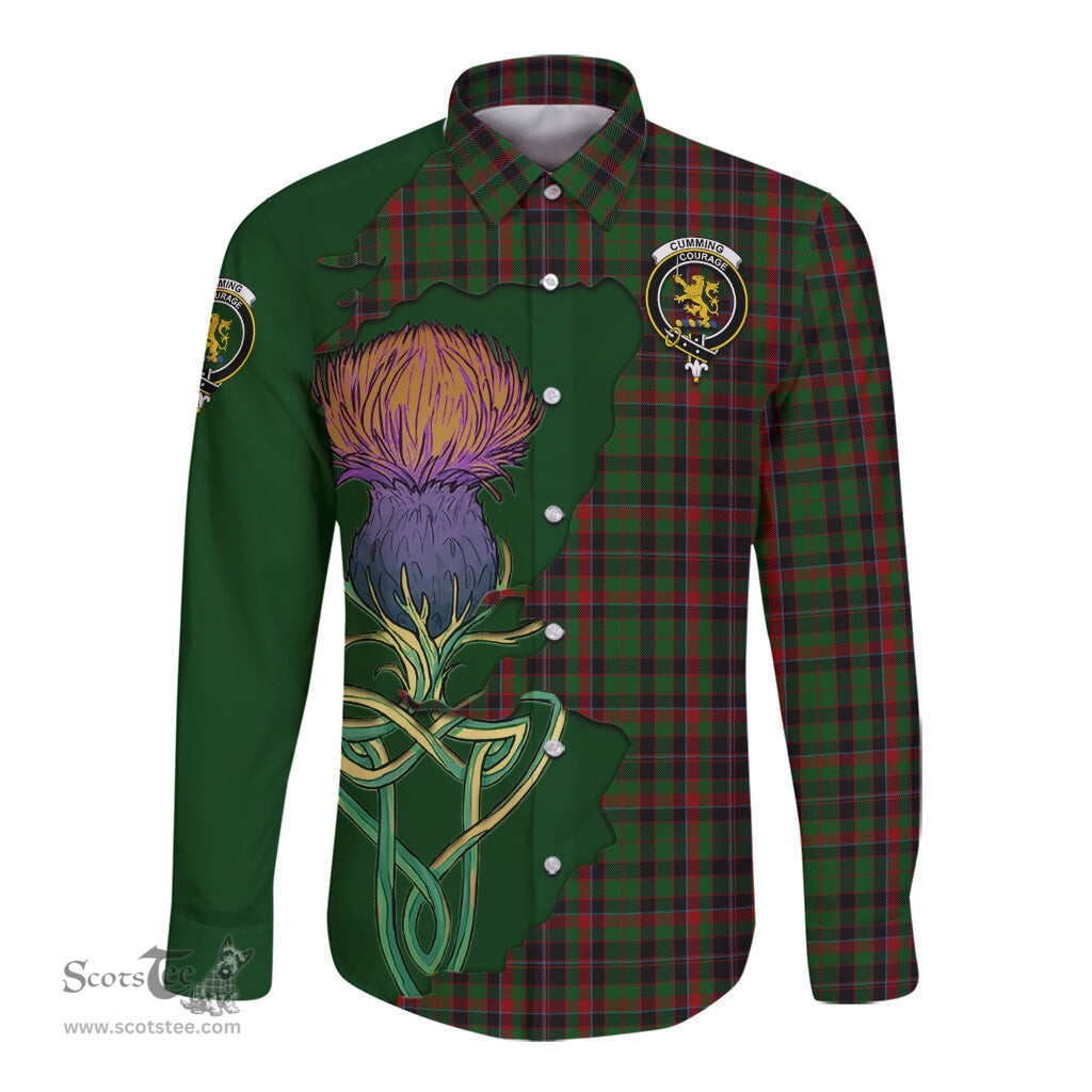 Scottish Cumming Hunting Clan Tartan Crest with Thistle and Scotland Map Tartan Long Sleeve Shirt Scottish Plaid Tartan Plaid - ScotsTee - scotstee.com