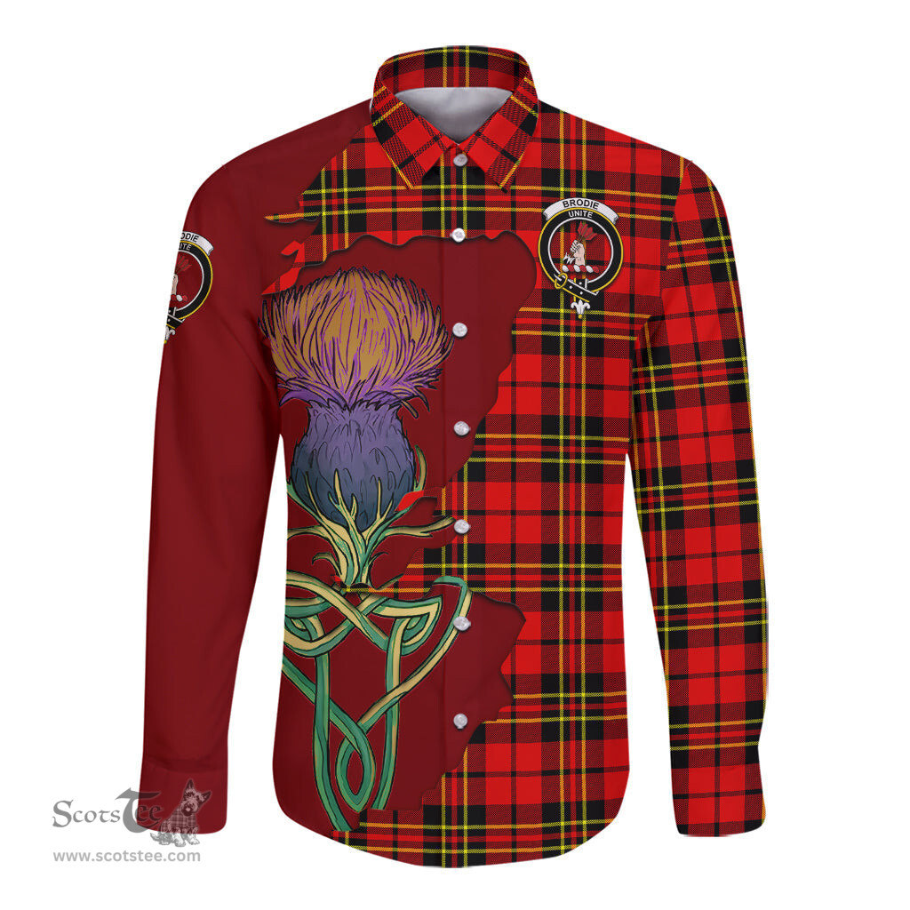 Scottish Brodie Modern Clan Tartan Crest with Thistle and Scotland Map Tartan Long Sleeve Shirt Scottish Plaid Tartan Plaid - ScotsTee - scotstee.com