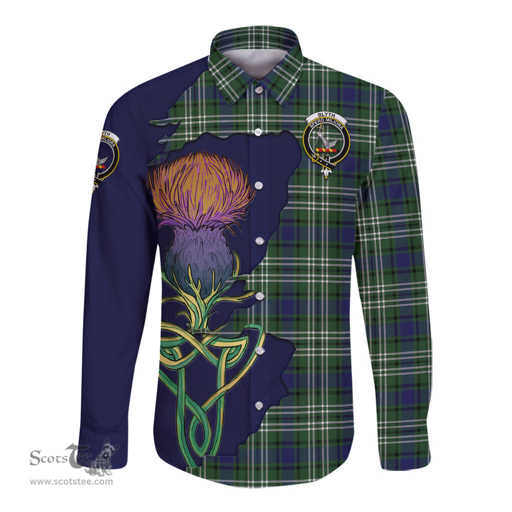 Scottish Blyth Clan Tartan Crest with Thistle and Scotland Map Tartan Long Sleeve Shirt Scottish Plaid Tartan Plaid - ScotsTee - scotstee.com