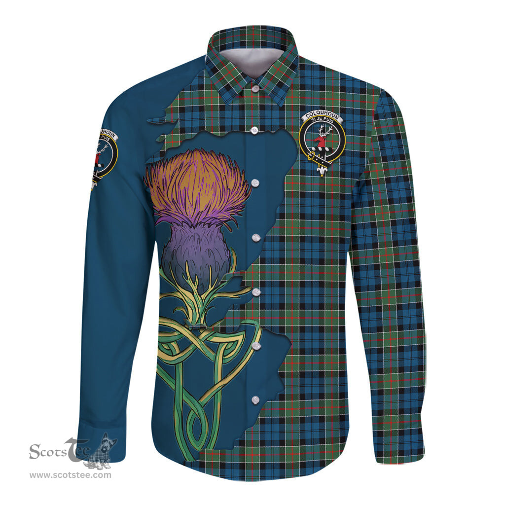 Scottish Colquhoun Ancient Clan Tartan Crest with Thistle and Scotland Map Tartan Long Sleeve Shirt Scottish Plaid Tartan Plaid - ScotsTee - scotstee.com
