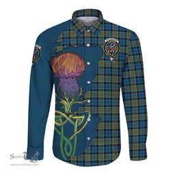 Scottish Colquhoun Ancient Clan Tartan Crest with Thistle and Scotland Map Tartan Long Sleeve Shirt Scottish Plaid Tartan Plaid - ScotsTee - scotstee.com