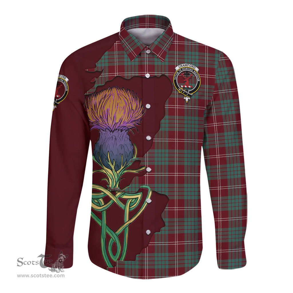 Scottish Crawford Modern Clan Tartan Crest with Thistle and Scotland Map Tartan Long Sleeve Shirt Scottish Plaid Tartan Plaid - ScotsTee - scotstee.com