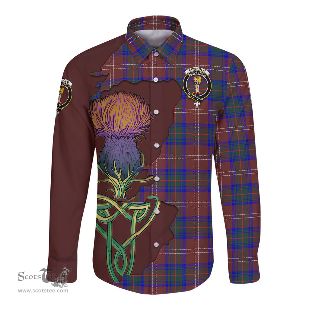 Scottish Chisholm Hunting Modern Clan Tartan Crest with Thistle and Scotland Map Tartan Long Sleeve Shirt Scottish Plaid Tartan Plaid - ScotsTee - scotstee.com