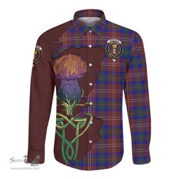 Scottish Chisholm Hunting Modern Clan Tartan Crest with Thistle and Scotland Map Tartan Long Sleeve Shirt Scottish Plaid Tartan Plaid - ScotsTee - scotstee.com
