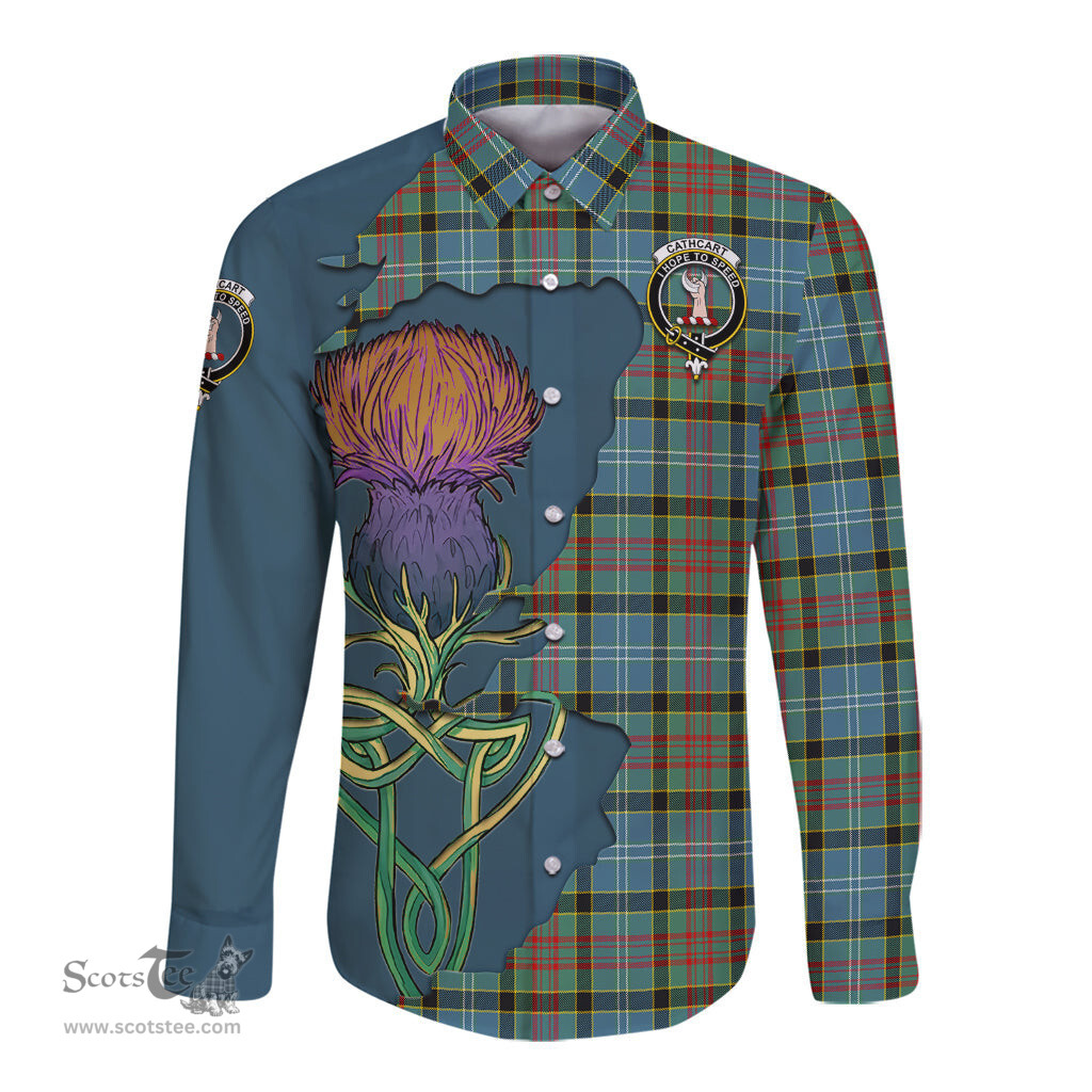 Scottish Cathcart Clan Tartan Crest with Thistle and Scotland Map Tartan Long Sleeve Shirt Scottish Plaid Tartan Plaid - ScotsTee - scotstee.com