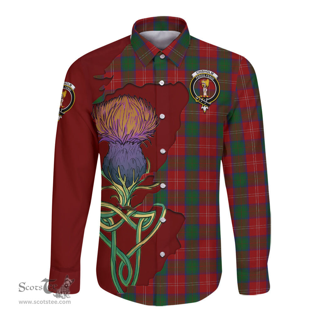Scottish Chisholm Clan Tartan Crest with Thistle and Scotland Map Tartan Long Sleeve Shirt Scottish Plaid Tartan Plaid - ScotsTee - scotstee.com