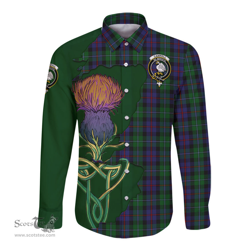 Scottish Campbell of Cawdor Clan Tartan Crest with Thistle and Scotland Map Tartan Long Sleeve Shirt Scottish Plaid Tartan Plaid - ScotsTee - scotstee.com