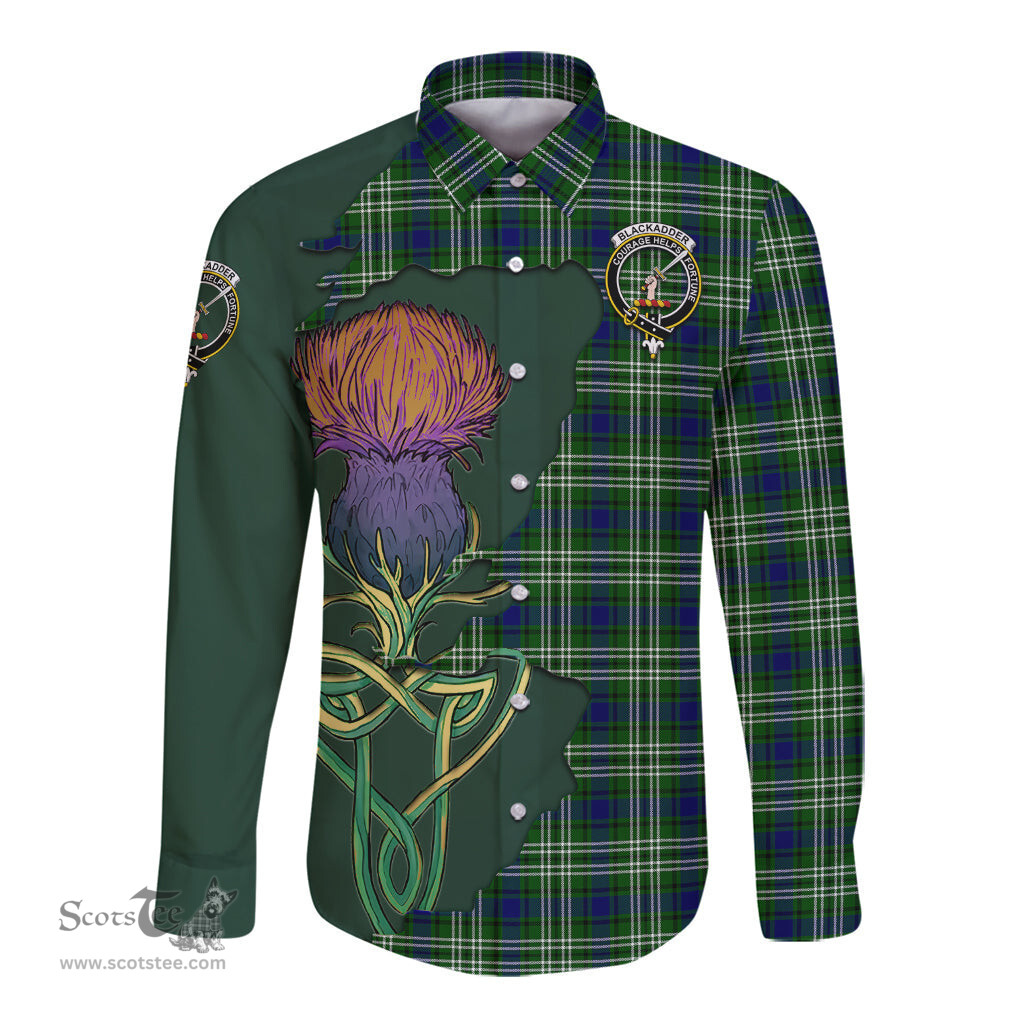 Scottish Blackadder Clan Tartan Crest with Thistle and Scotland Map Tartan Long Sleeve Shirt Scottish Plaid Tartan Plaid - ScotsTee - scotstee.com