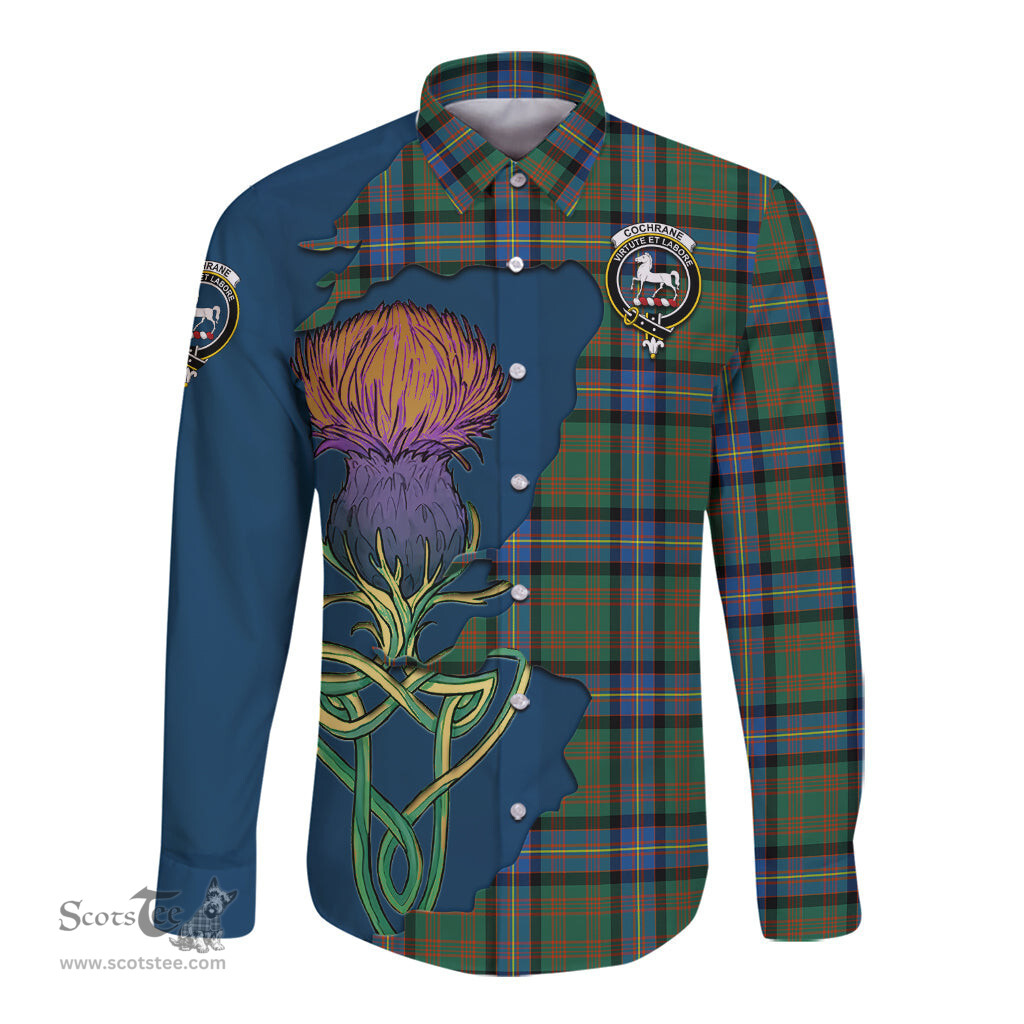 Scottish Cochrane Ancient Clan Tartan Crest with Thistle and Scotland Map Tartan Long Sleeve Shirt Scottish Plaid Tartan Plaid - ScotsTee - scotstee.com