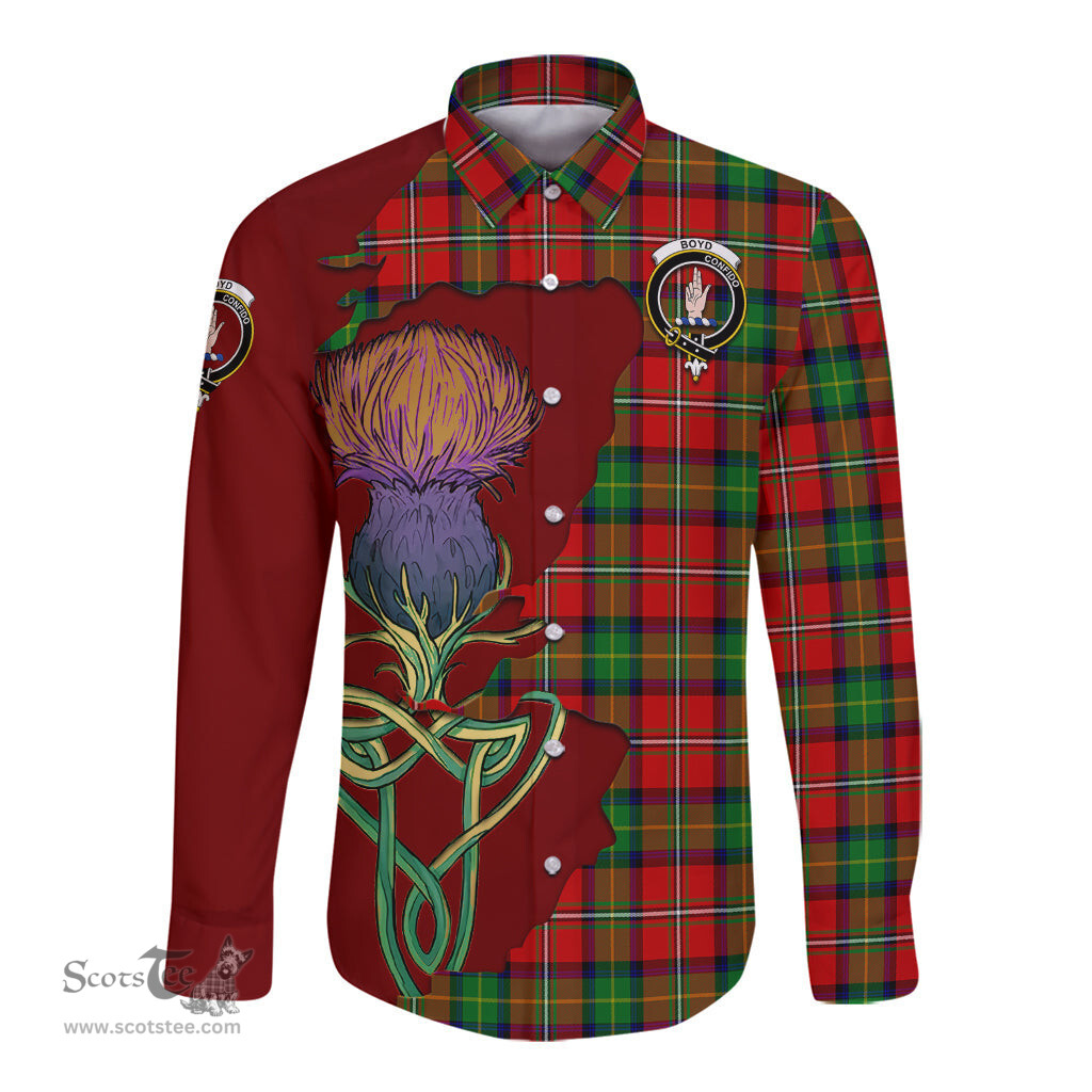 Scottish Boyd Modern Clan Tartan Crest with Thistle and Scotland Map Tartan Long Sleeve Shirt Scottish Plaid Tartan Plaid - ScotsTee - scotstee.com