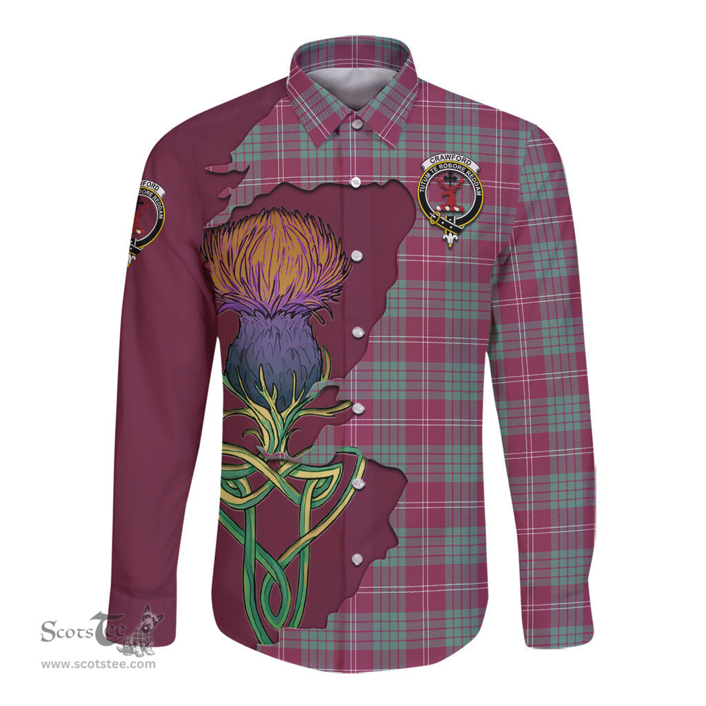 Scottish Crawford Ancient Clan Tartan Crest with Thistle and Scotland Map Tartan Long Sleeve Shirt Scottish Plaid Tartan Plaid - ScotsTee - scotstee.com