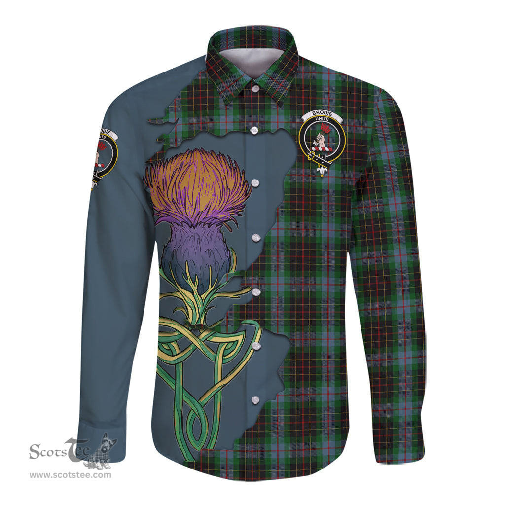 Scottish Brodie Hunting Clan Tartan Crest with Thistle and Scotland Map Tartan Long Sleeve Shirt Scottish Plaid Tartan Plaid - ScotsTee - scotstee.com
