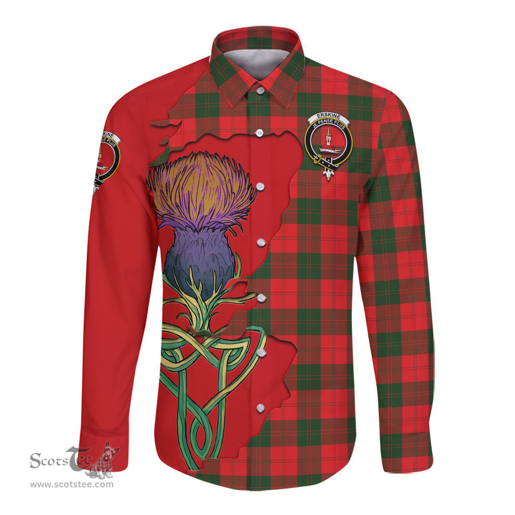 Scottish Erskine Modern Clan Tartan Crest with Thistle and Scotland Map Tartan Long Sleeve Shirt Scottish Plaid Tartan Plaid - ScotsTee - scotstee.com