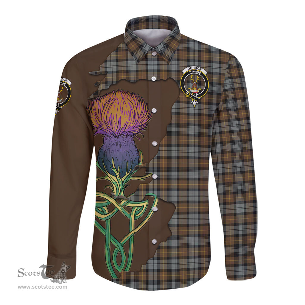 Scottish Gordon Weathered Clan Tartan Crest with Thistle and Scotland Map Tartan Long Sleeve Shirt Scottish Plaid Tartan Plaid - ScotsTee - scotstee.com