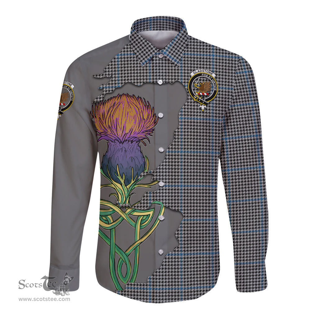 Scottish Gladstone Clan Tartan Crest with Thistle and Scotland Map Tartan Long Sleeve Shirt Scottish Plaid Tartan Plaid - ScotsTee - scotstee.com