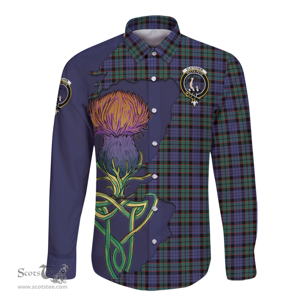 Scottish Fletcher Modern Clan Tartan Crest with Thistle and Scotland Map Tartan Long Sleeve Shirt Scottish Plaid Tartan Plaid - ScotsTee - scotstee.com