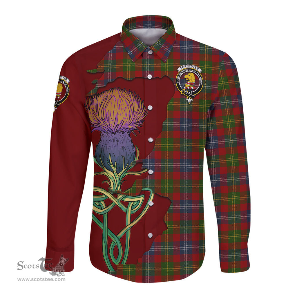 Scottish Forrester or Foster Clan Tartan Crest with Thistle and Scotland Map Tartan Long Sleeve Shirt Scottish Plaid Tartan Plaid - ScotsTee - scotstee.com