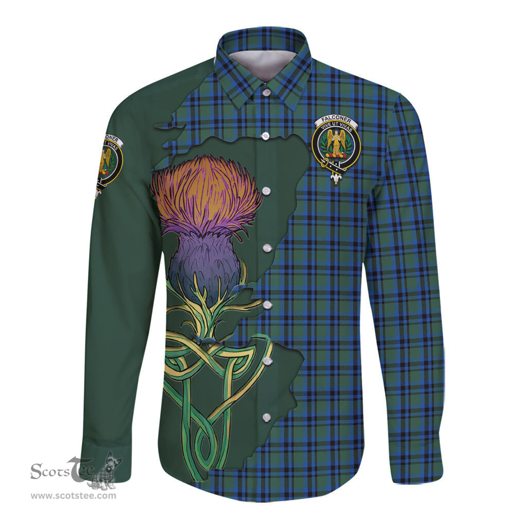 Scottish Falconer Clan Tartan Crest with Thistle and Scotland Map Tartan Long Sleeve Shirt Scottish Plaid Tartan Plaid - ScotsTee - scotstee.com