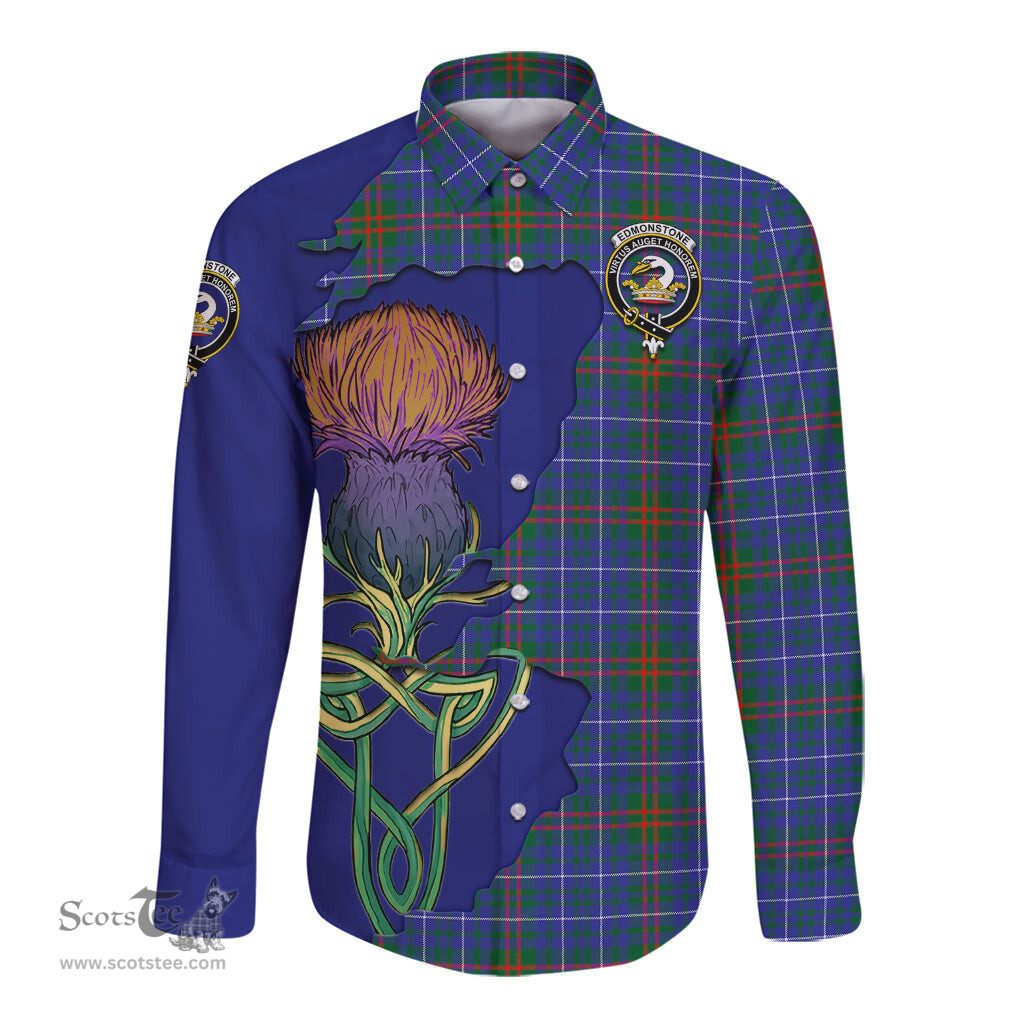 Scottish Edmonstone Clan Tartan Crest with Thistle and Scotland Map Tartan Long Sleeve Shirt Scottish Plaid Tartan Plaid - ScotsTee - scotstee.com