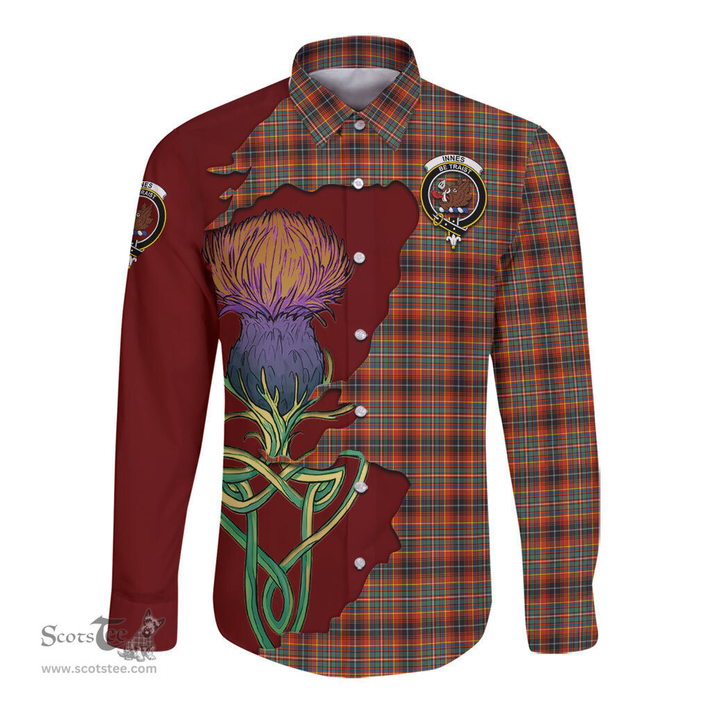 Scottish Innes Ancient Clan Tartan Crest with Thistle and Scotland Map Tartan Long Sleeve Shirt Scottish Plaid Tartan Plaid - ScotsTee - scotstee.com