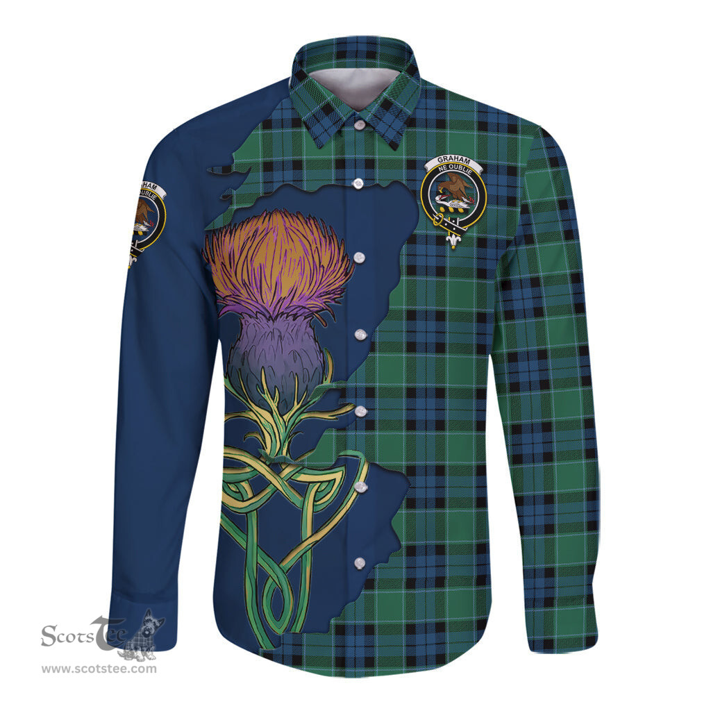 Scottish Graham of Menteith Ancient Clan Tartan Crest with Thistle and Scotland Map Tartan Long Sleeve Shirt Scottish Plaid Tartan Plaid - ScotsTee - scotstee.com