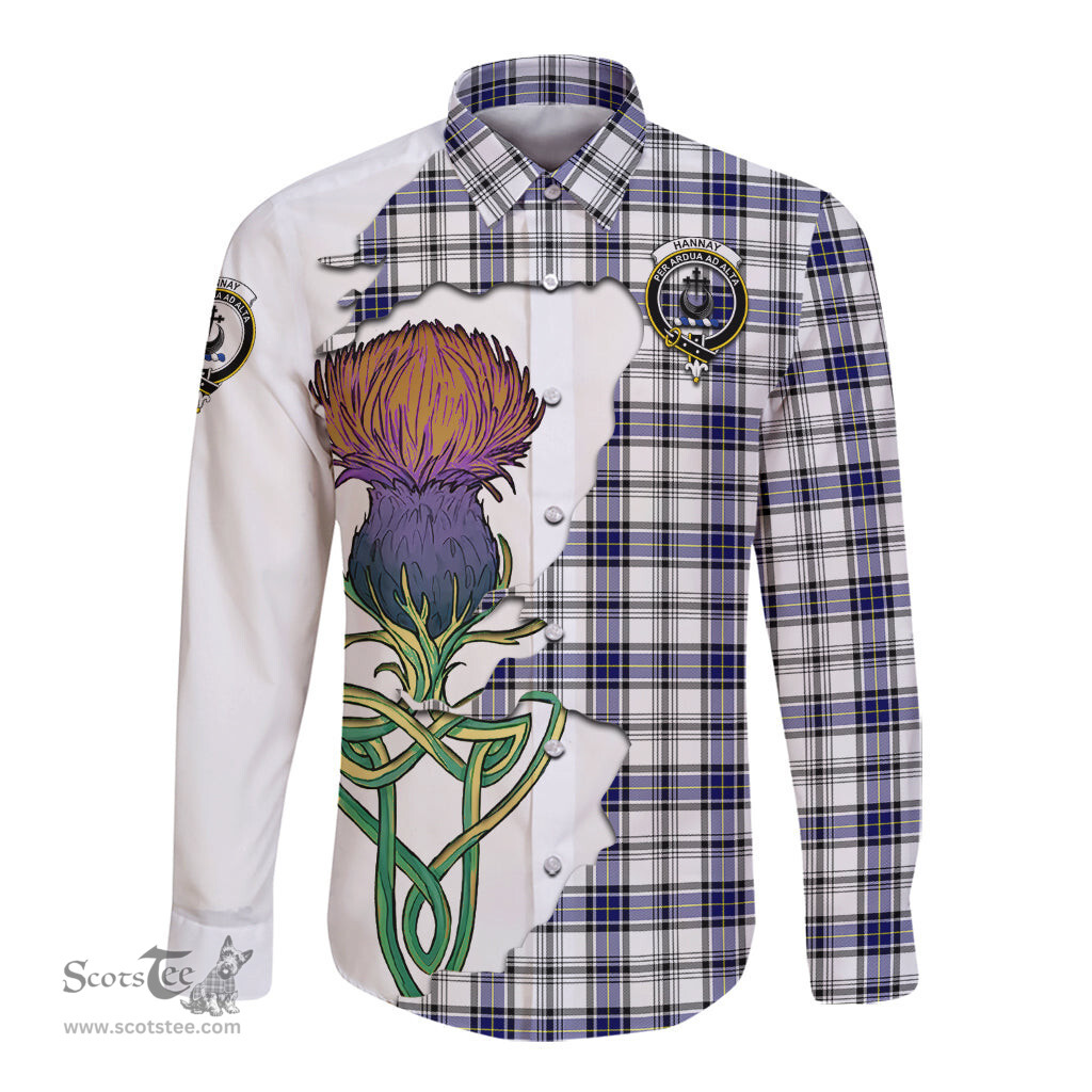 Scottish Hannay Modern Clan Tartan Crest with Thistle and Scotland Map Tartan Long Sleeve Shirt Scottish Plaid Tartan Plaid - ScotsTee - scotstee.com