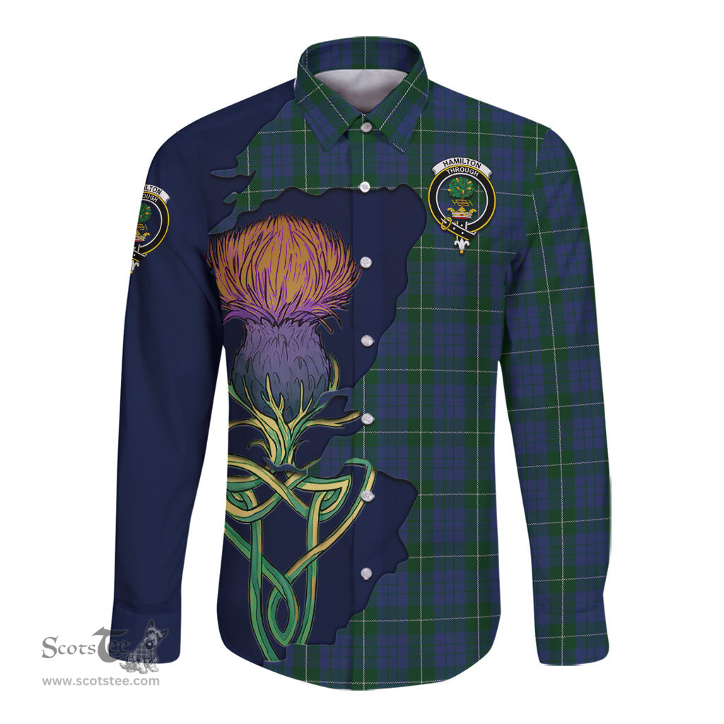 Scottish Hamilton Hunting Clan Tartan Crest with Thistle and Scotland Map Tartan Long Sleeve Shirt Scottish Plaid Tartan Plaid - ScotsTee - scotstee.com