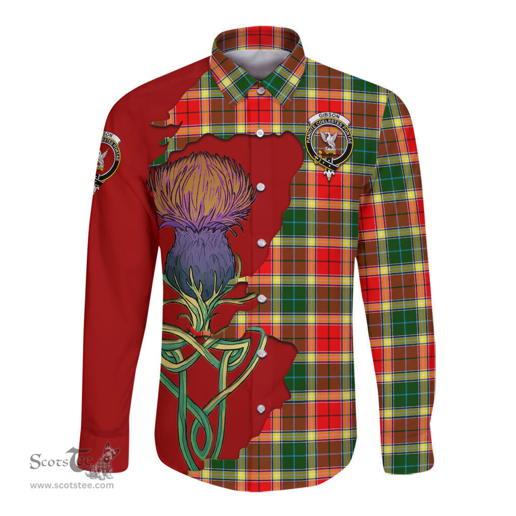 Scottish Gibsone (Gibson - Gibbs) Clan Tartan Crest with Thistle and Scotland Map Tartan Long Sleeve Shirt Scottish Plaid Tartan Plaid - ScotsTee - scotstee.com