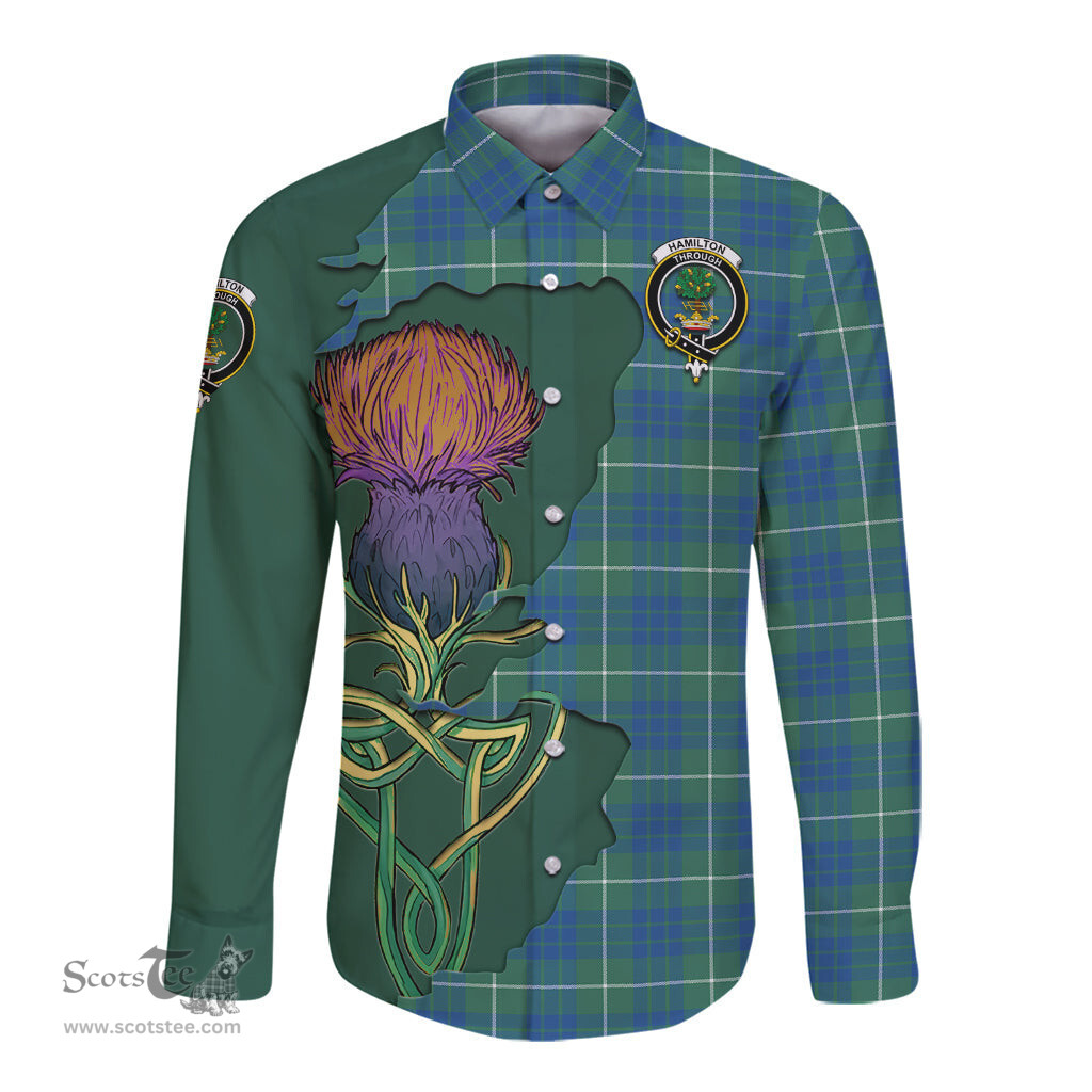Scottish Hamilton Hunting Ancient Clan Tartan Crest with Thistle and Scotland Map Tartan Long Sleeve Shirt Scottish Plaid Tartan Plaid - ScotsTee - scotstee.com