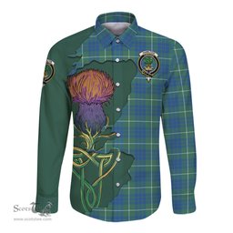 Scottish Hamilton Hunting Ancient Clan Tartan Crest with Thistle and Scotland Map Tartan Long Sleeve Shirt Scottish Plaid Tartan Plaid - ScotsTee - scotstee.com