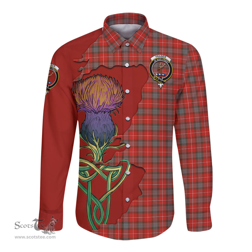Scottish Fraser Weathered Clan Tartan Crest with Thistle and Scotland Map Tartan Long Sleeve Shirt Scottish Plaid Tartan Plaid - ScotsTee - scotstee.com