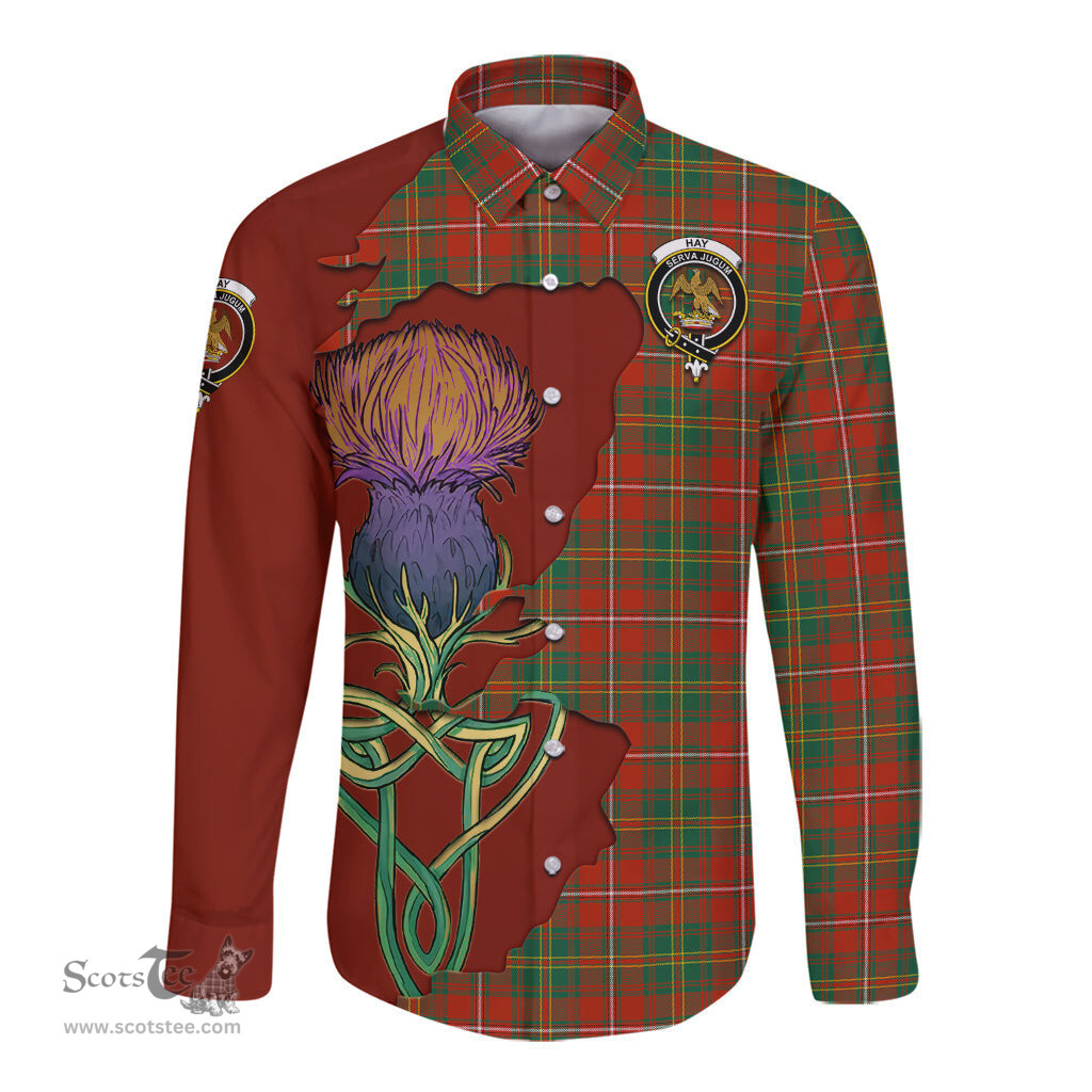 Scottish Hay Ancient Clan Tartan Crest with Thistle and Scotland Map Tartan Long Sleeve Shirt Scottish Plaid Tartan Plaid - ScotsTee - scotstee.com