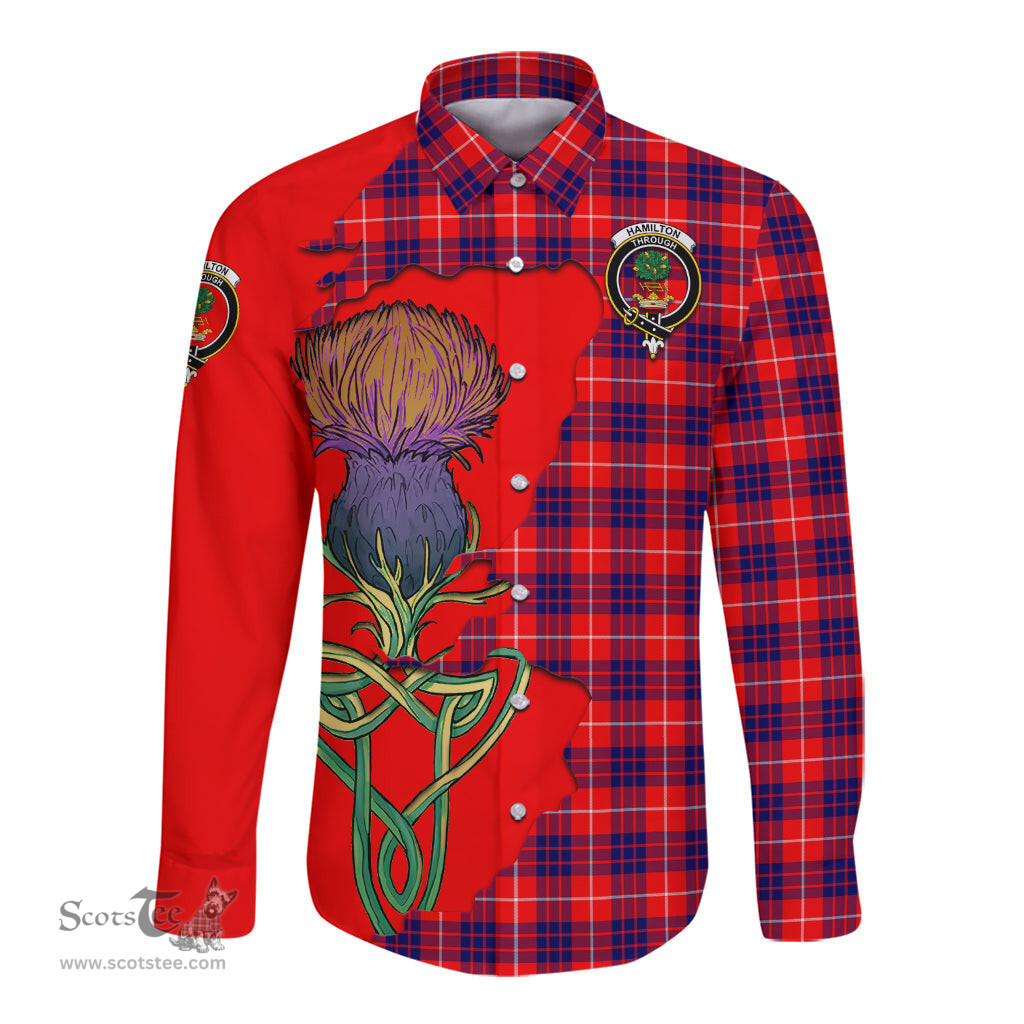 Scottish Hamilton Modern Clan Tartan Crest with Thistle and Scotland Map Tartan Long Sleeve Shirt Scottish Plaid Tartan Plaid - ScotsTee - scotstee.com