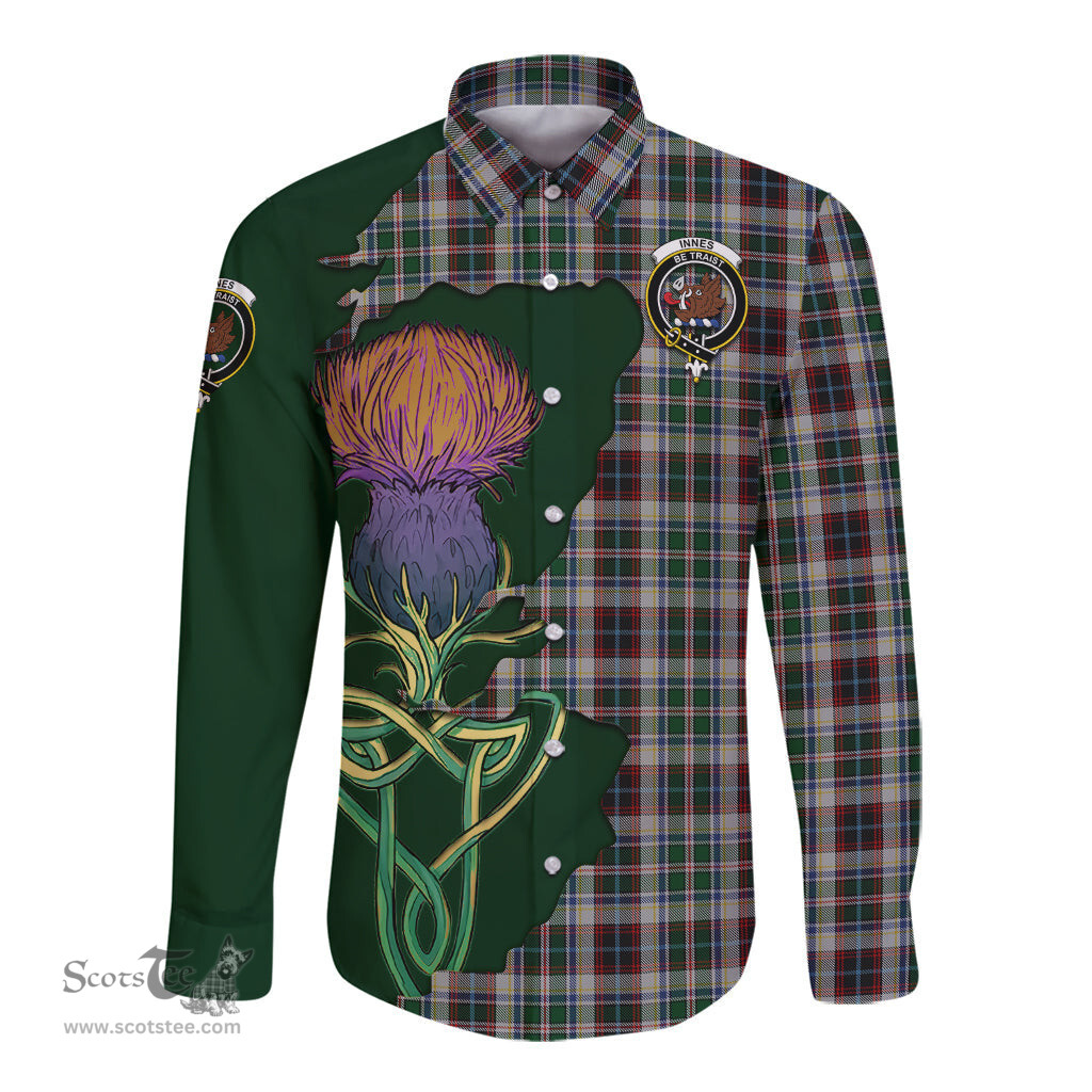 Scottish Innes Dress Clan Tartan Crest with Thistle and Scotland Map Tartan Long Sleeve Shirt Scottish Plaid Tartan Plaid - ScotsTee - scotstee.com