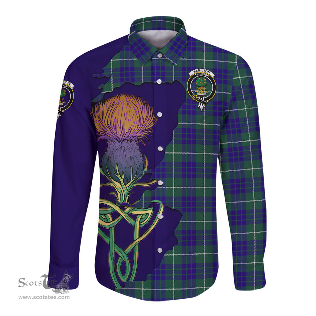 Scottish Hamilton Hunting Modern Clan Tartan Crest with Thistle and Scotland Map Tartan Long Sleeve Shirt Scottish Plaid Tartan Plaid - ScotsTee - scotstee.com