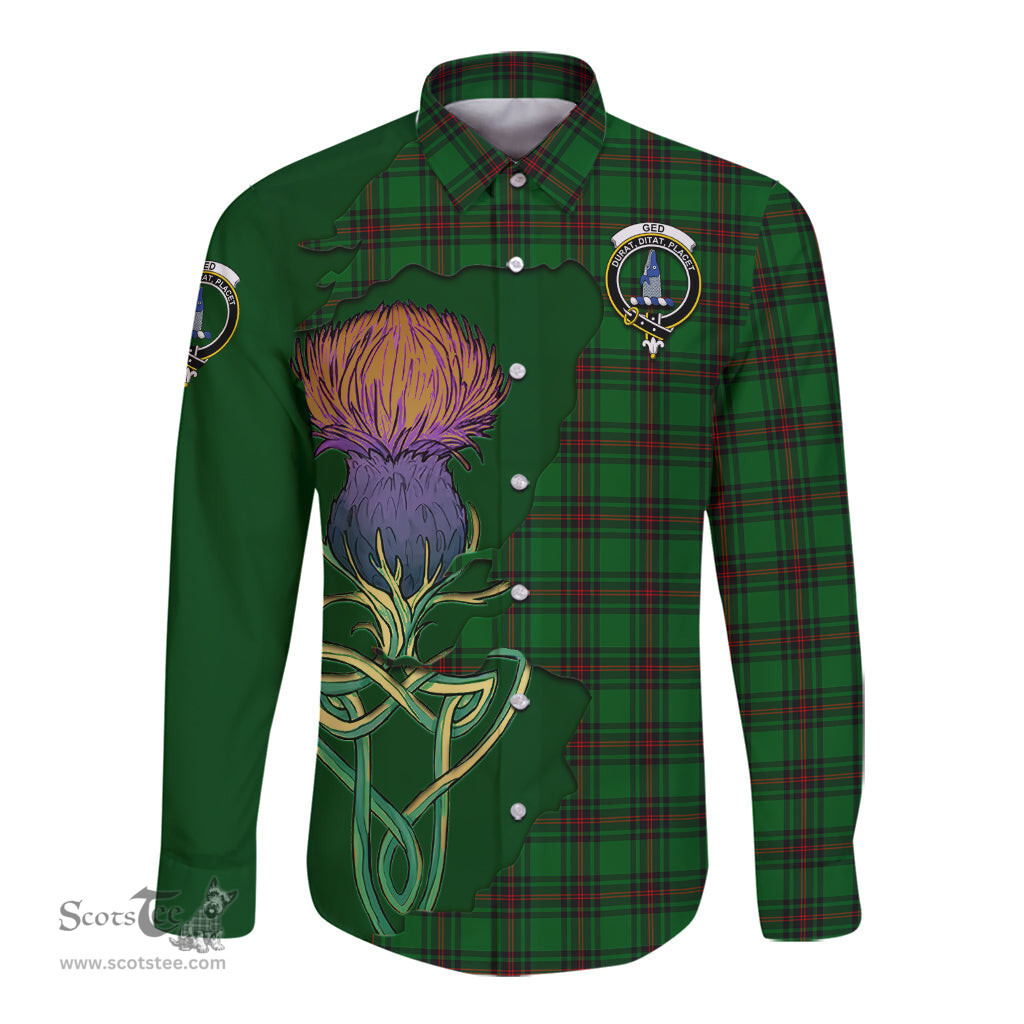 Scottish Ged Clan Tartan Crest with Thistle and Scotland Map Tartan Long Sleeve Shirt Scottish Plaid Tartan Plaid - ScotsTee - scotstee.com