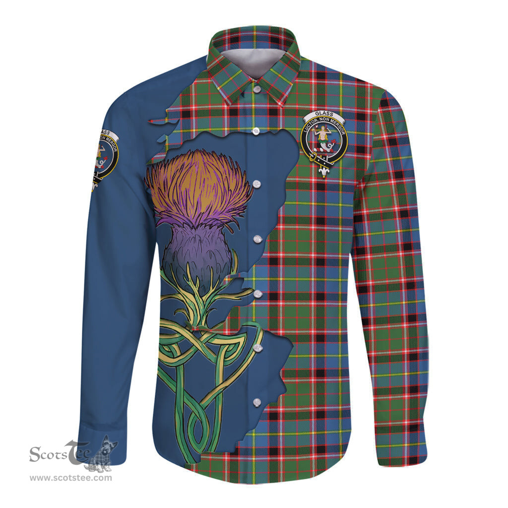 Scottish Glass Clan Tartan Crest with Thistle and Scotland Map Tartan Long Sleeve Shirt Scottish Plaid Tartan Plaid - ScotsTee - scotstee.com