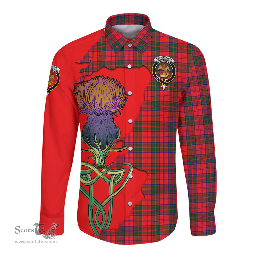 Scottish Drummond Modern Clan Tartan Crest with Thistle and Scotland Map Tartan Long Sleeve Shirt Scottish Plaid Tartan Plaid - ScotsTee - scotstee.com