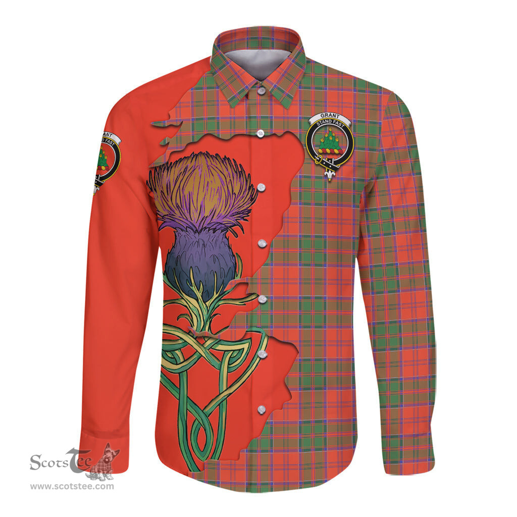 Scottish Grant Ancient Clan Tartan Crest with Thistle and Scotland Map Tartan Long Sleeve Shirt Scottish Plaid Tartan Plaid - ScotsTee - scotstee.com