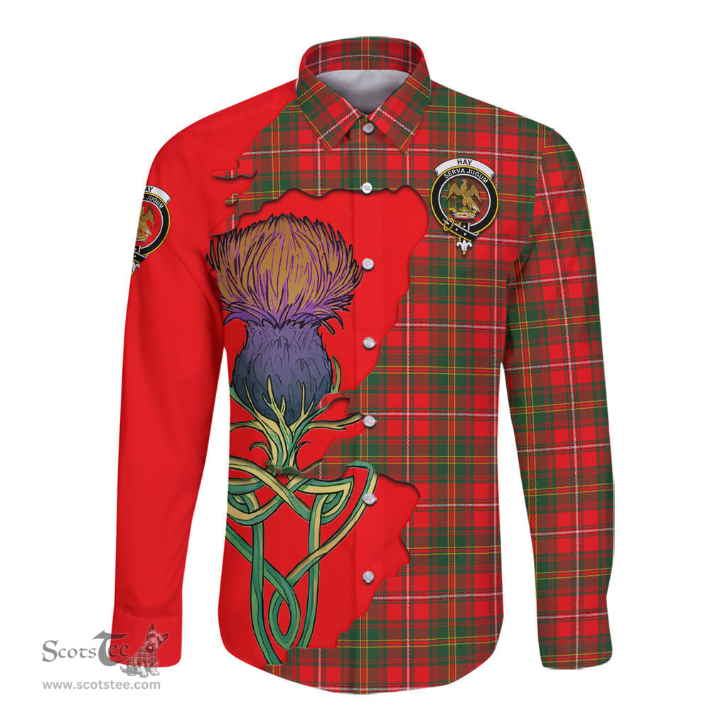 Scottish Hay Modern Clan Tartan Crest with Thistle and Scotland Map Tartan Long Sleeve Shirt Scottish Plaid Tartan Plaid - ScotsTee - scotstee.com